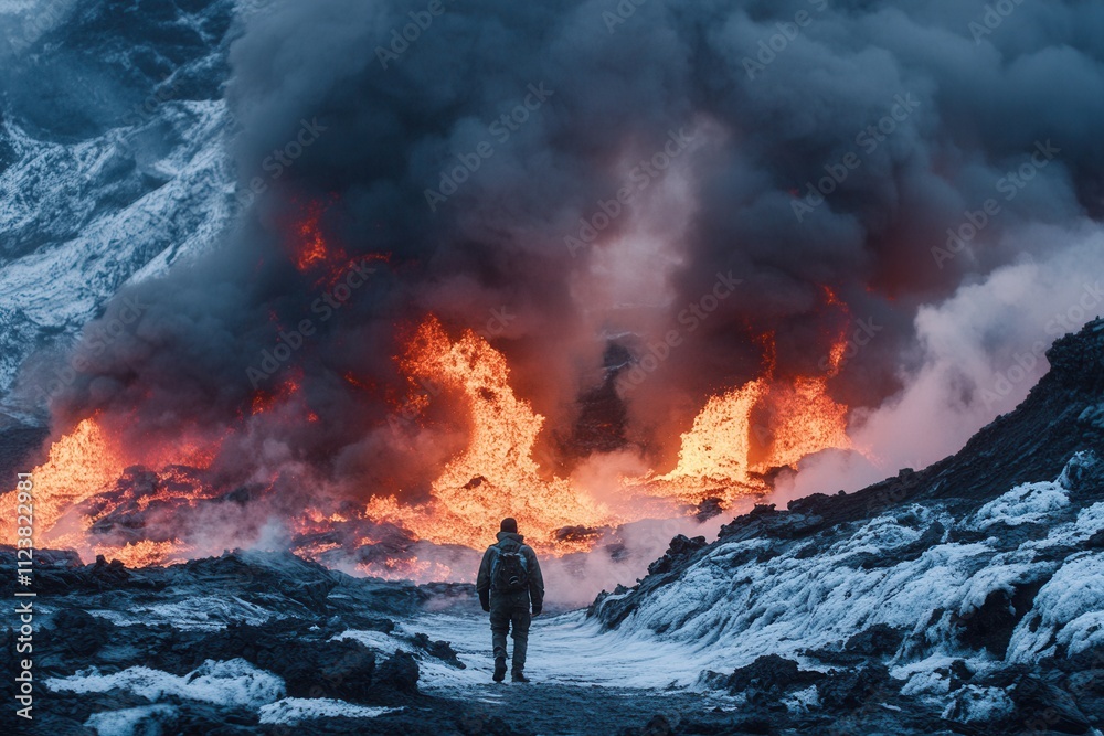 Fototapeta premium Volcanologist walking near erupting volcano in iceland