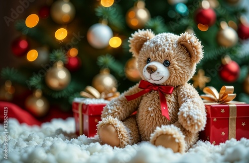 A teddy bear sits under a decorated Christmas tree among gifts. Christmas and New Year card.