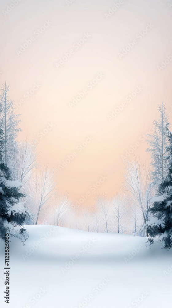 Fototapeta premium A serene winter landscape with soft colors and subtle gradients, featuring snow covered trees and gentle sky