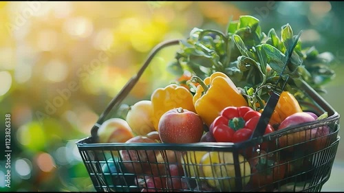Supermarket basket filled with fresh vegetables and fruits