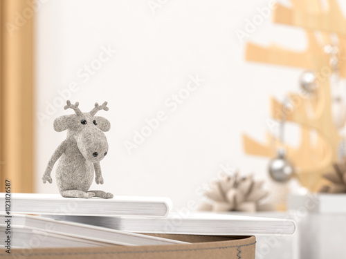 cute toy reindeer sitting on christmas presents in front of festive decorated white wall 3D rendering
