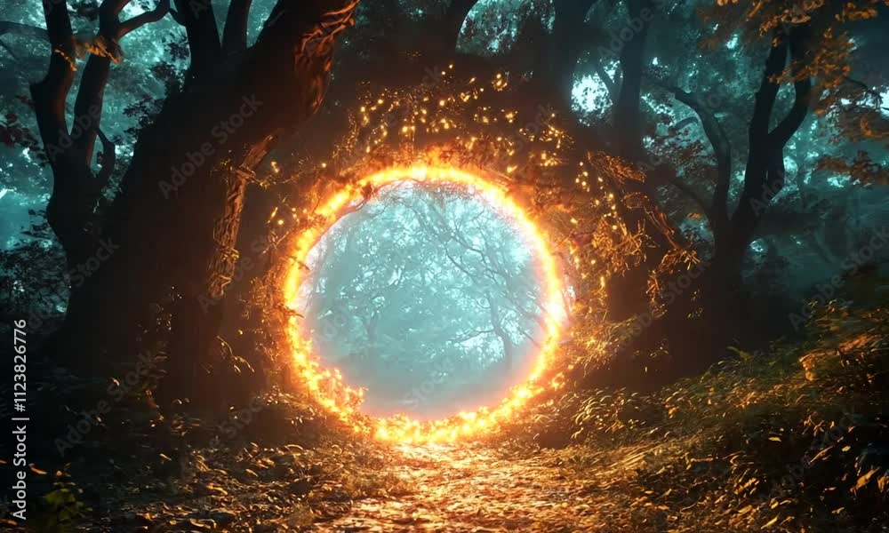 A mystical glowing portal surrounded by trees in a foggy forest.