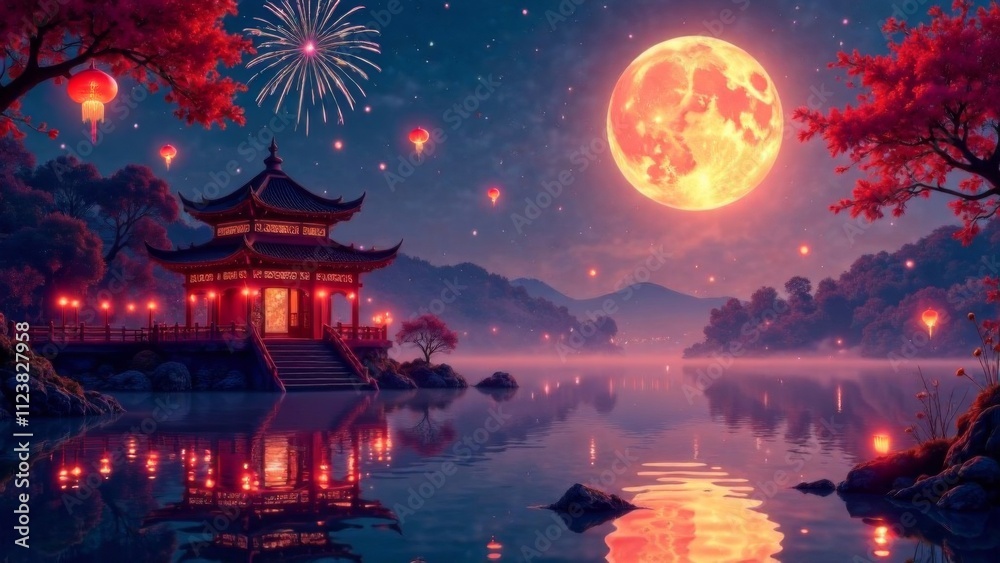 Obraz premium Fantasy art of Chinese New Year fireworks and lanterns over a lake