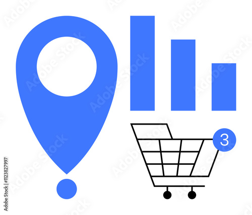 Blue location pin, bar chart with three columns, and shopping cart with a 3 notification symbol. Ideal for business analytics, online shopping, e-commerce, logistics, data tracking, and customer
