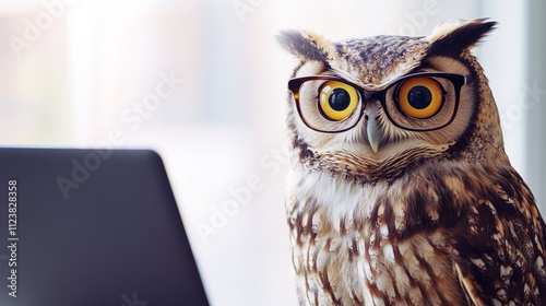 Business owl with glasses working at laptop composition background photo