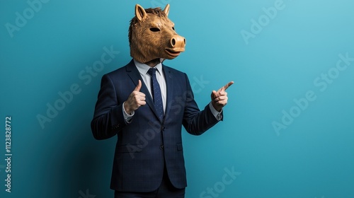 A man in a formal suit wearing a quirky horse mask points confidently to the side against a vibrant blue background, exuding playful professionalism. photo