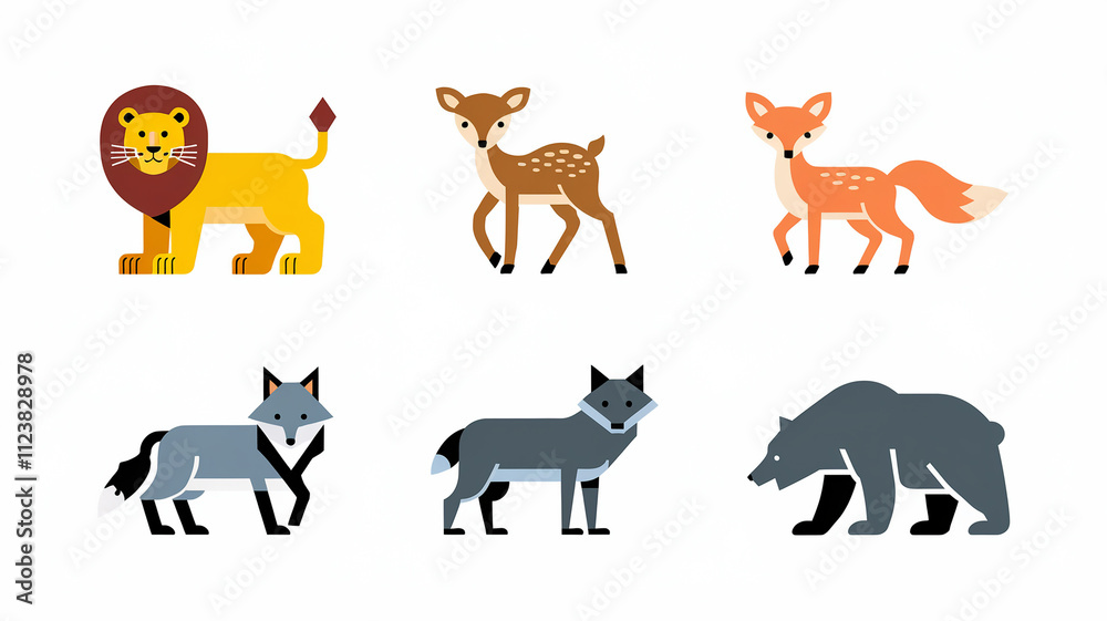 Fototapeta premium Geometric Animal Illustrations Lion, Deer, Fox, Wolf, Bear