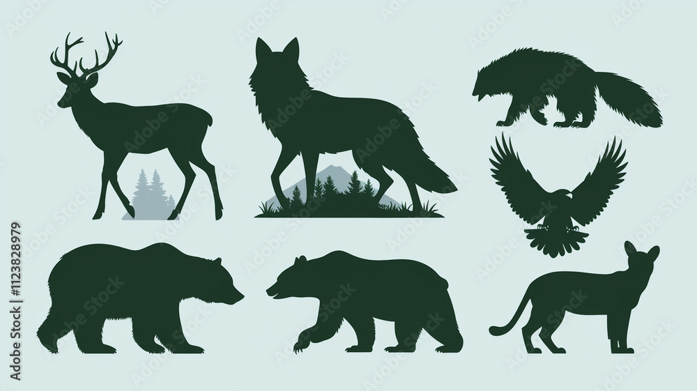 Obraz premium Wildlife Silhouettes Deer, Wolf, Bear, Eagle, Cat