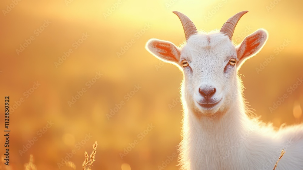 Obraz premium A serene white goat basks in the warm glow of sunset, with a dreamy, blurred backdrop enhancing the tranquil scene.