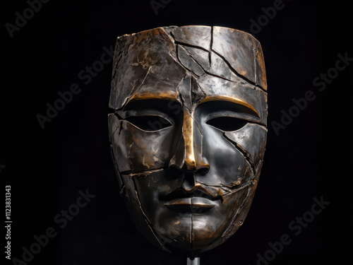 A dramatic theatrical mask crafted from aged bronze, featuring a single tragic expression, ideal for art, drama, or cultural themes. Generative AI photo