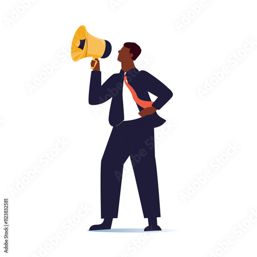 Black man speaking with megaphone for announcement, information, statement, communication. Happy speaker character