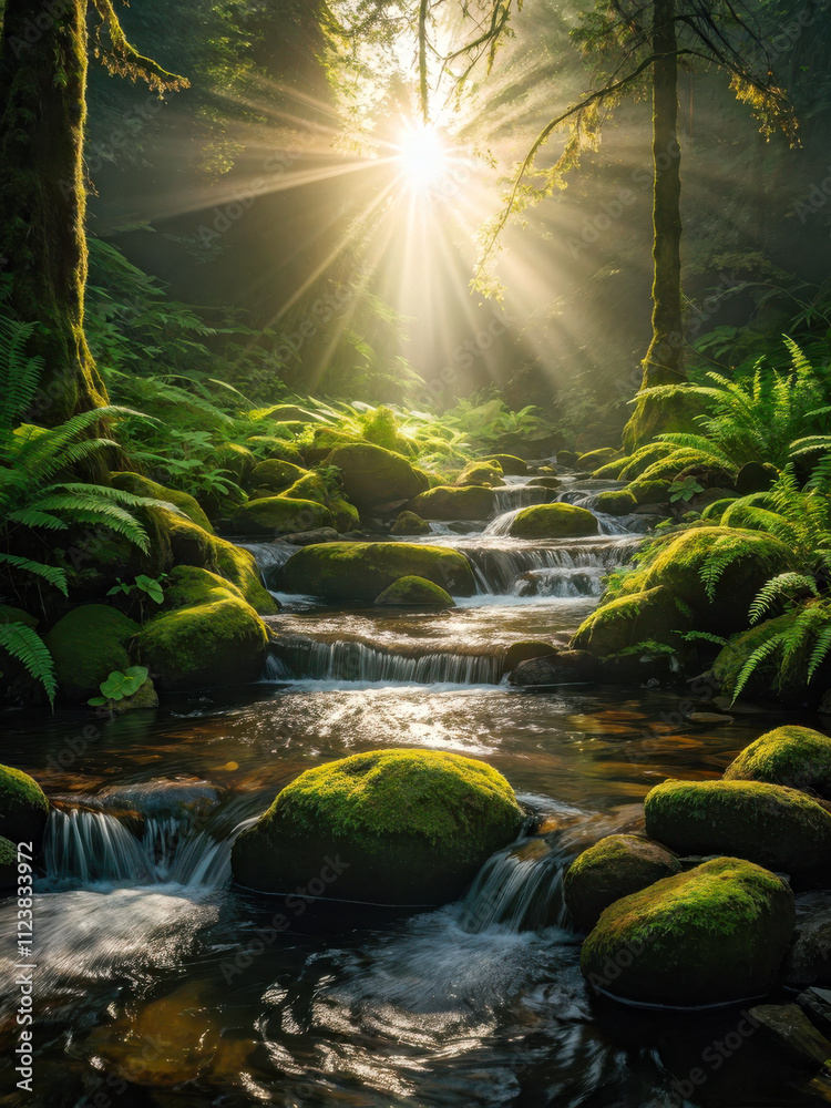 Fototapeta premium A magical forest stream with sunlight filtering softly through trees, surrounded by lush moss-covered rocks and ferns, creating a serene atmosphere. Generative AI