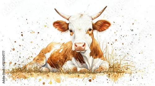 Watercolor painting of a brown and white cow resting in a field.