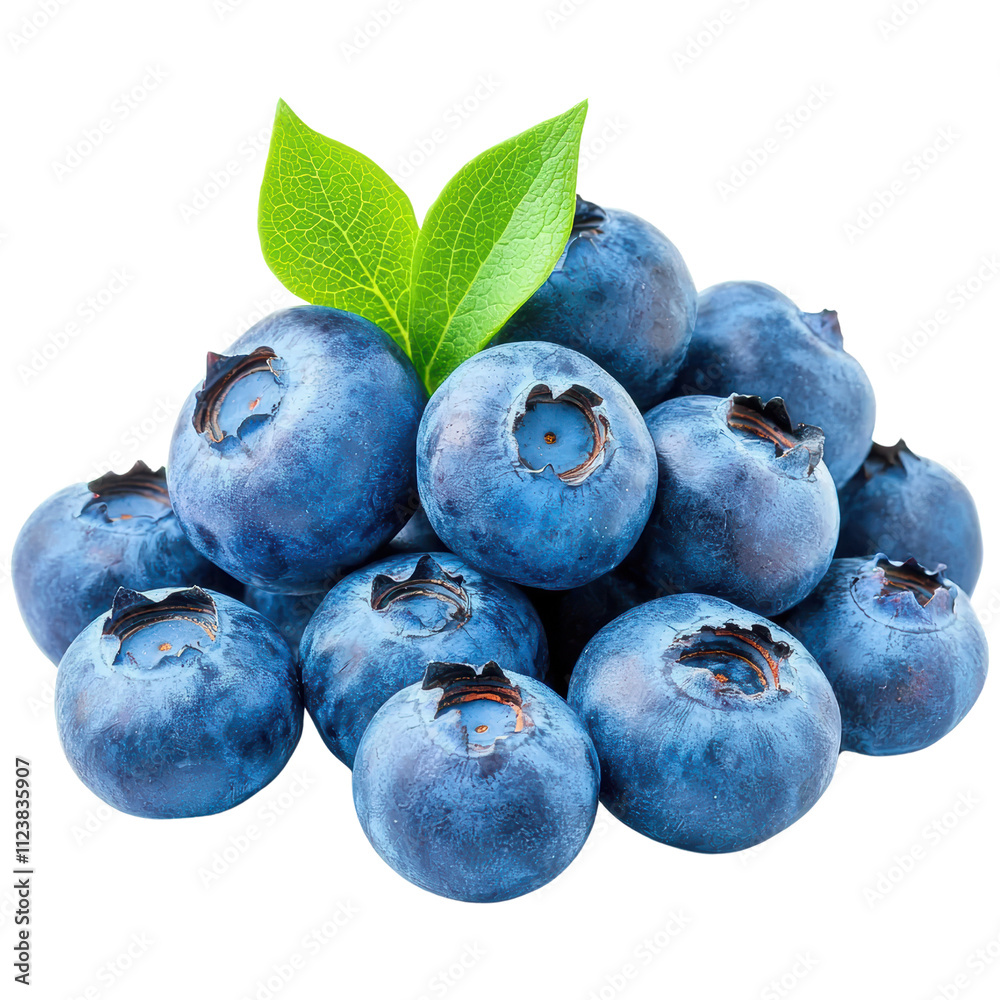 Obraz premium Fresh Organic Blueberries Piled Together with Green Leaves on White Background
