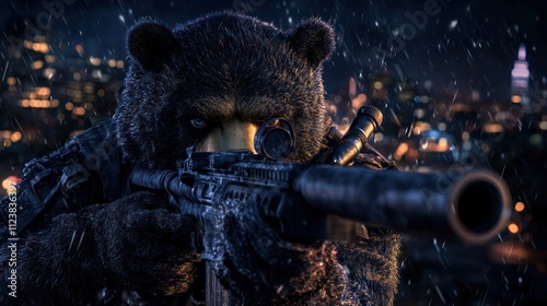 Nighttime Urban Hunt: Black Bear Sniper Takes Aim Through Scope in Surreal Cityscape photo