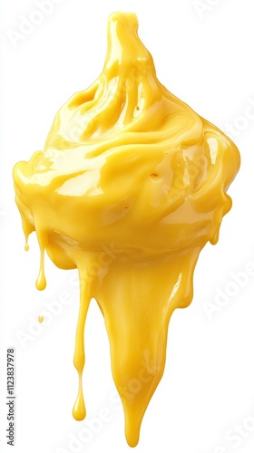 A blob of bright yellow sauce dripping on a white background. photo