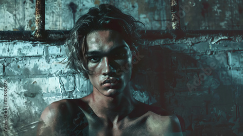 Grunge-style of gay man with a brooding expression, set against a gritty, dark background. Concept of alternative masculinity, urban culture, and LGBTQ identity in a rebellious photo