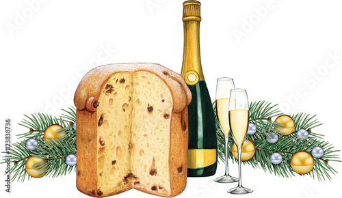 Watercolor hand drawn panettone and wine