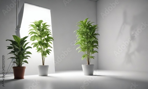 Softbox light illuminated studio space with piper betle plant isolated on white background, greenery, studio photography, softbox light photo