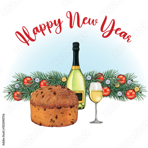Watercolor hand drawn panettone and wine