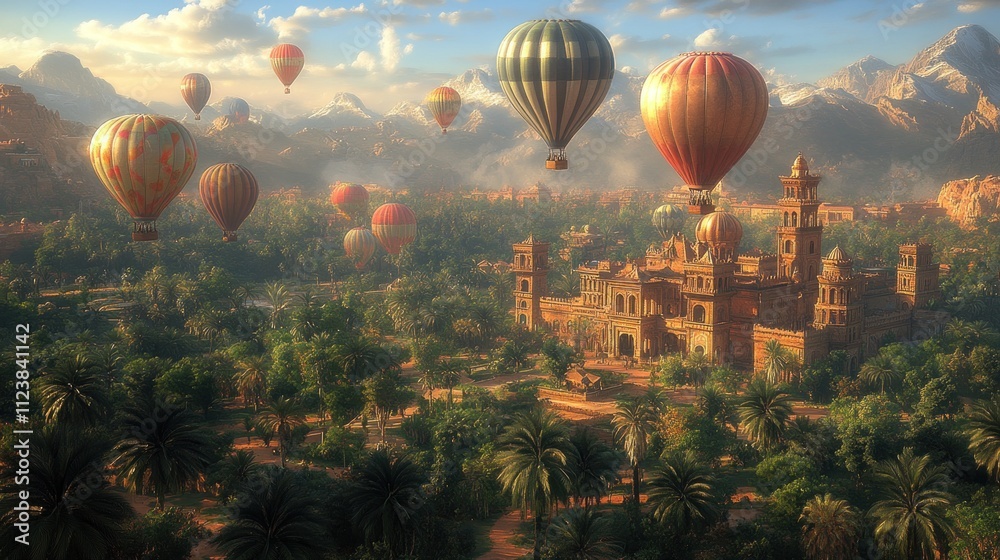 Fototapeta premium A vibrant landscape with hot air balloons over a lush valley.