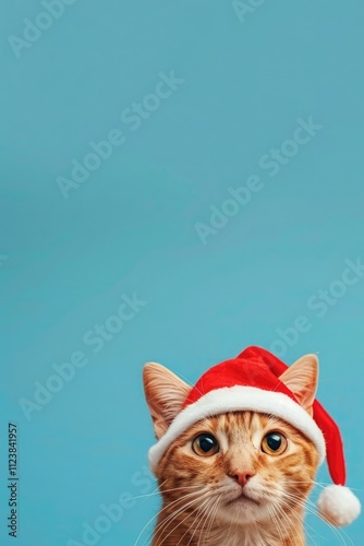 Cute ginger cat wearing a Santa hat against a bright blue background, looking curious and festive. photo