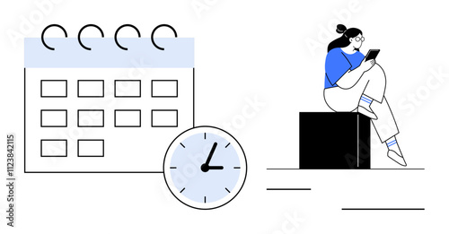 Calendar with spiral binding, clock showing time, person sitting and using smartphone. Ideal for scheduling, time management, productivity, reminders, deadlines planning organization. Line metaphor