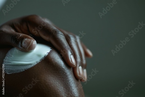 Applying cream to the knee for pain relief, highlighting skincare and soothing treatment. photo