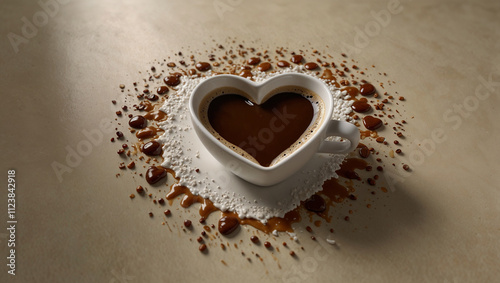 Spilled coffee cup creating heart shape. Love and break concept. Copy space.