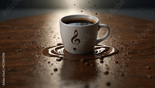 Spilled hot chocolate cup creating music notes and symbols. Enjoyment and peace concept. Music idea. Copy space.