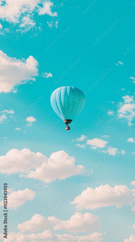 Obraz premium A single blue hot air balloon floats against a clear blue sky with white fluffy clouds.
