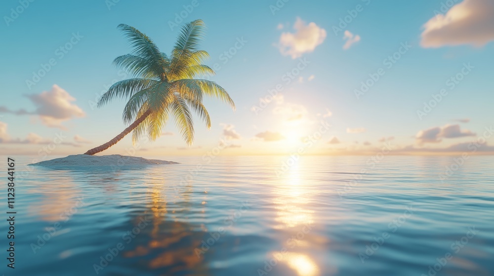 Fototapeta premium A single palm tree stands on a small island in the middle of a calm ocean at sunset.