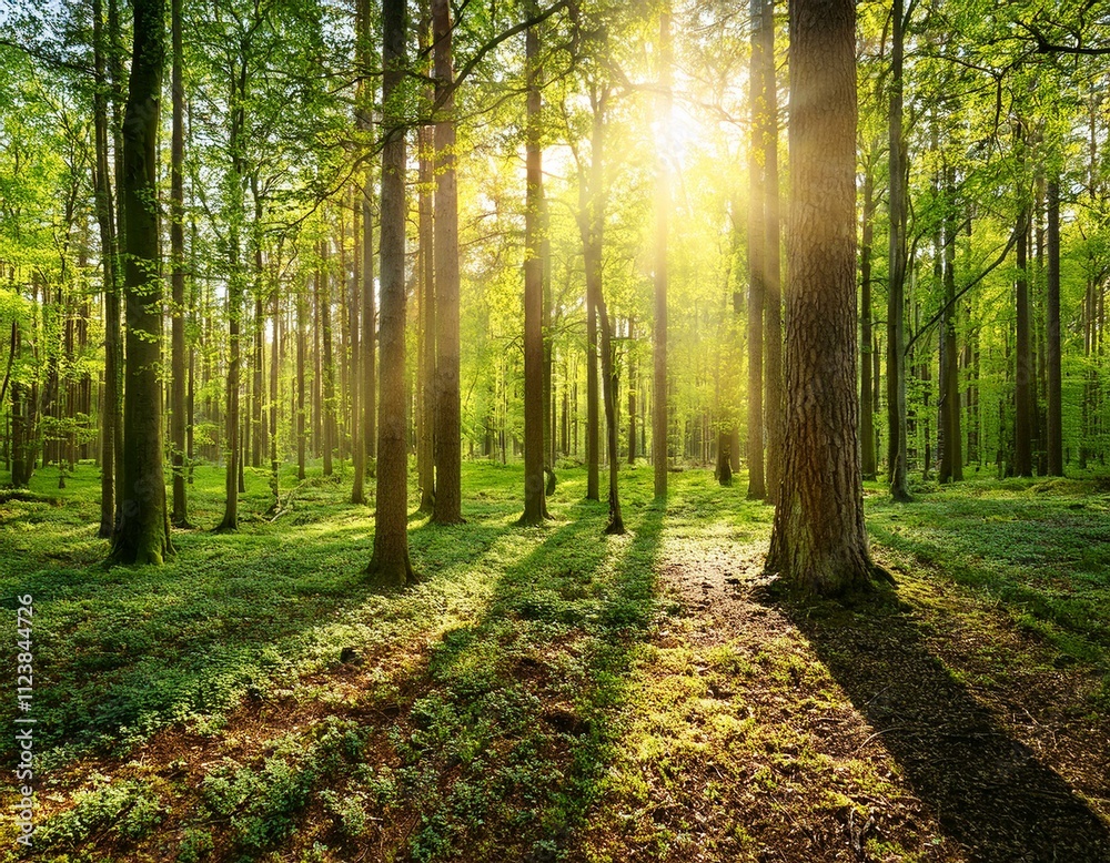Fototapeta premium Silent Forest in spring with beautiful bright sun rays