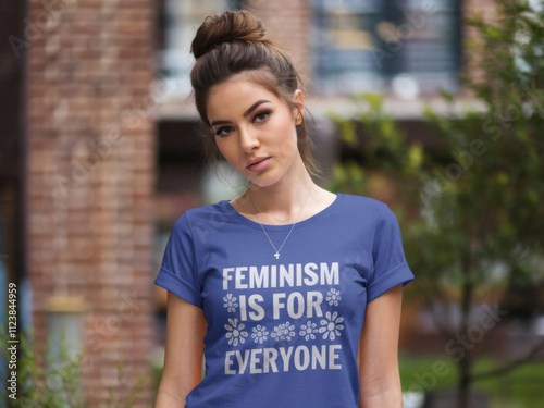 Hermosa mujer de moda con una camiseta que muestra el texto El feminismo es para todos
 photo