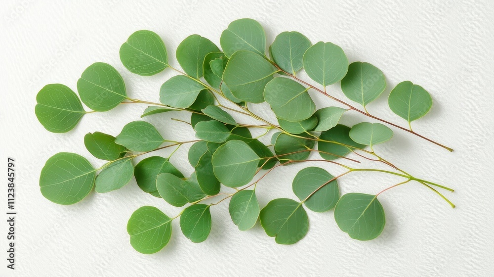 Obraz premium Soft-focus macro of eucalyptus leaves, arranged on light grey with empty space, delicate and minimal for eco-friendly product displays