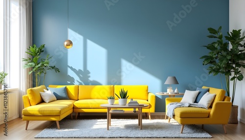 Bright and modern living room featuring yellow sofas and a blue accent wall with stylish decor