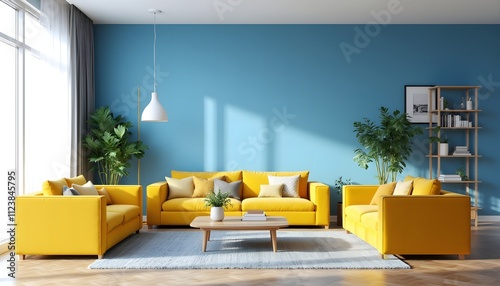 Bright and modern living room featuring yellow sofas and a blue accent wall with stylish decor