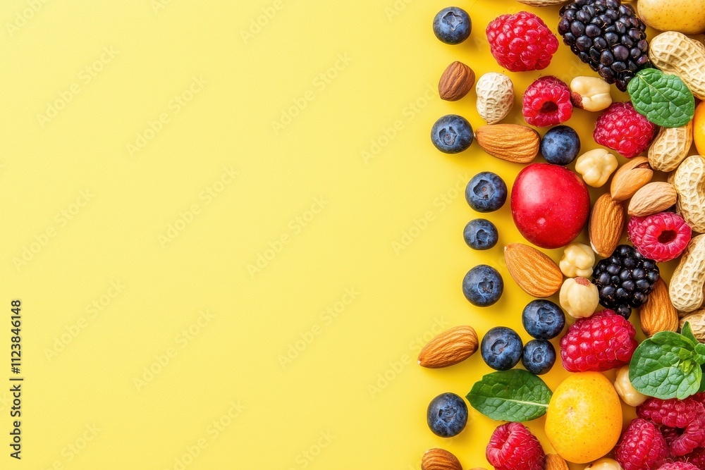 Obraz premium Vibrant Display of Fresh Fruits and Nuts on a Bright Yellow Background Creating a Colorful and Healthy Snack Arrangement