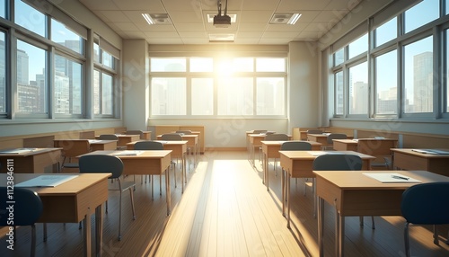Classroom interior with bright sunlight streaming through windows and desks arranged for students