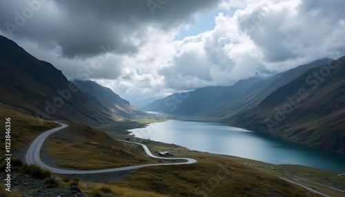 Vast landscape featuring a winding road beside a tranquil lake under dramatic cloudy skies in the mountains