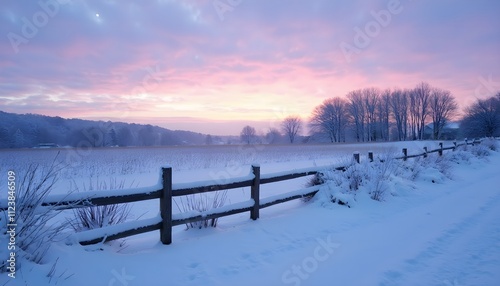 Snow-covered landscape at dusk with a wooden fence and distant trees in winter