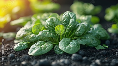 Lush green spinach plant growing in dark soil, sunlight. photo