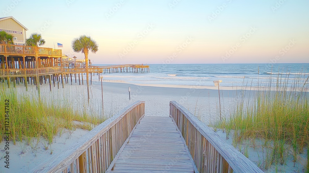 Fototapeta premium A wooden walkway leads to a sandy beach and a pier in the distance, with a palm tree and buildings in the background. The sky is a soft pink and orange color.