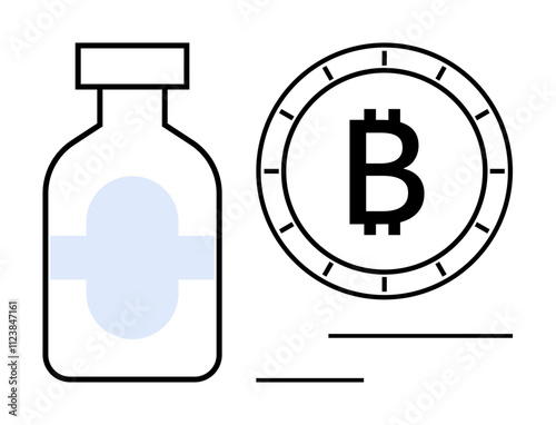 Medical bottle with blue cross next to Bitcoin symbol. Ideal for healthcare, cryptocurrency, digital payments, financial technology, medical advancements, online transactions, industry innovation