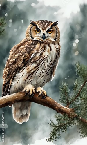 olated owl fir wild screech baby green white decoration painted loose bird sitting branch photo