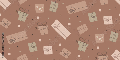 Giftbox with ribbon bowknot seamless pattern. Hand drawn elements on mocha background. Doodle vector design