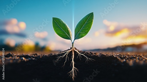 Growing Roots: A Young Plant's Journey to Sustainability and New Beginnings in Serene Landscape photo