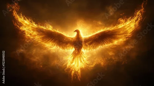 Fototapeta Majestic Phoenix Rising from Fiery Embers - Symbolizing Rebirth, Resilience, and Transformation Against Dark Background with Glowing Flames