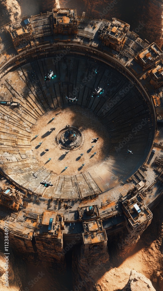 Obraz premium An aerial view of a large, circular, futuristic, metal structure with a giant, empty space inside. Several small spaceships are flying around it.
