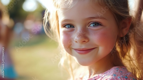 Close-up of a smiling girl looking at the camera, captured outdoors with beautiful natural light. A warm and joyful moment, showcasing happiness and innocence